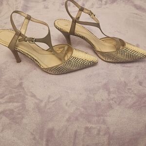 Tahari Gold and Tan Strappy Heels